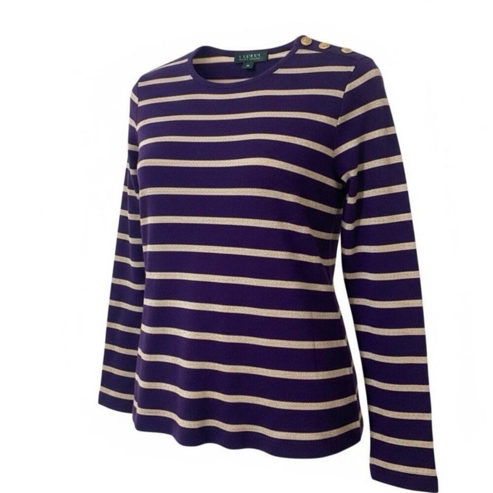 Lauren Ralph Lauren Purple Gold Crew Neck Striped Top/Sweater. Size M